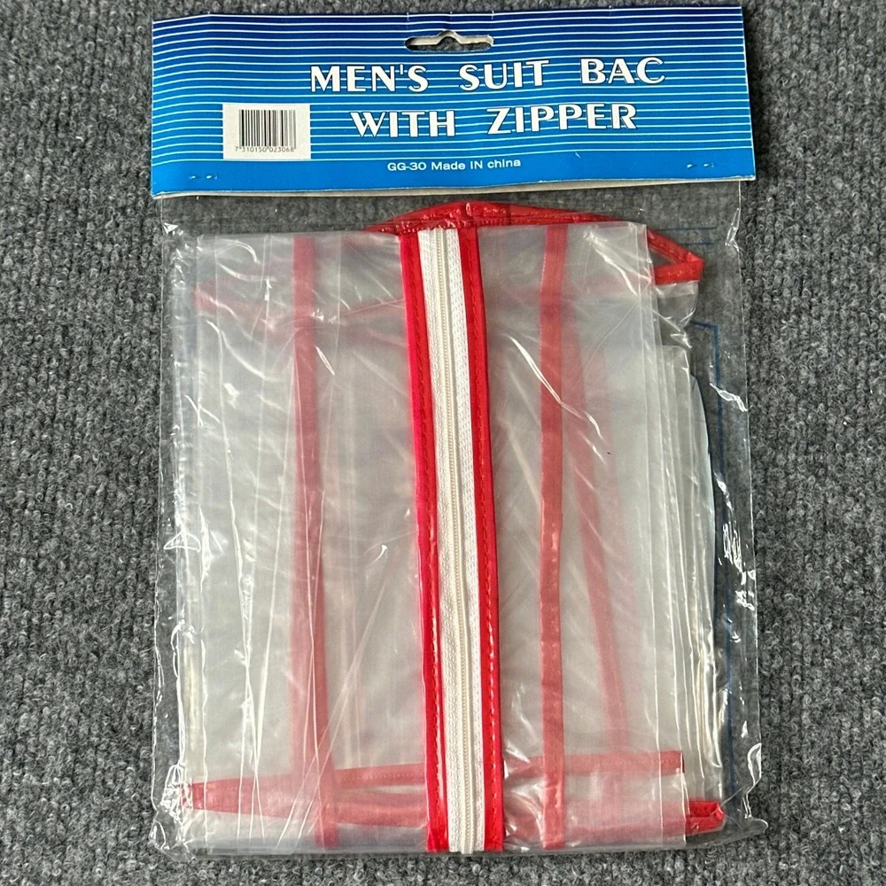 Vintage Mens Suit Bag Clear Garment Red Taping With Zipper Travel Storage Bag - Picture 2 of 4